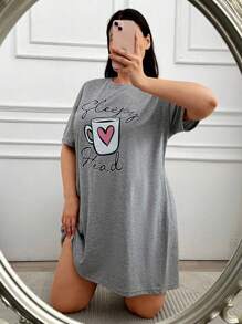 EURMUSE 棉质咖啡与字母印花家居服连衣裙 - 灰色 - 查看 5