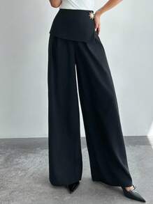 Firerie Pantalones envolventes negros sencillos y elegantes para mujer, de uso casual y para la oficina, de pierna ancha y suelta, adecuados para verano y otoño, con decoración de hebilla metálica en la cintura, para aeropuerto, vacaciones, profesora