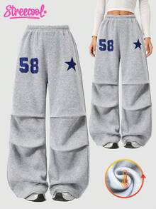 SHEIN Explorewe 少女星星数字印花休闲宽松褶皱羊毛运动裤 - 灰色 - 查看 4