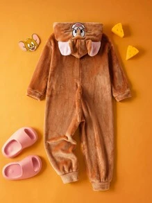 TOM & JERRY X SHEIN 小男孩棕色可爱小老鼠杰瑞刺绣图案立体耳朵早教快乐连帽角色扮演服装，适合秋冬季、万圣节和派对