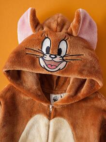 TOM & JERRY X SHEIN 小男孩棕色可爱小老鼠杰瑞刺绣图案立体耳朵早教快乐连帽角色扮演服装，适合秋冬季、万圣节和派对