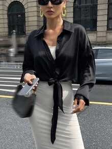 DAZY Camisa de mujer con diseño de cinturón, unicolor, manga larga - Negro - Ver 7