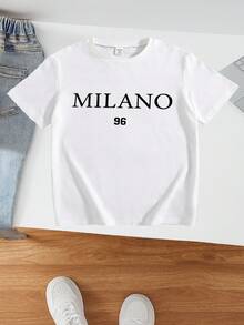 SHEIN Tween Boy Elder 创意字母设计休闲 T 恤，时尚印花短袖上衣，舒适百搭四季穿着