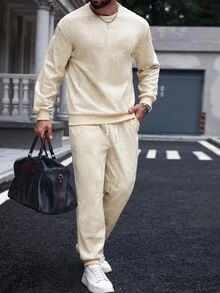 Manfinity Homme 男士休闲卡其色T恤和裤子套装，春秋季 - 卡其色 - 查看 5