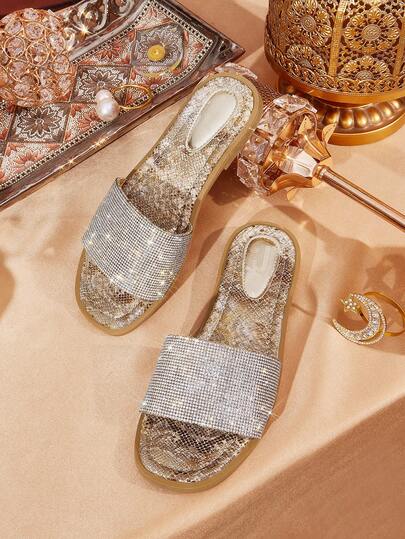 CUCCOO TILAWA Women's Silver Rhinestone Embellished Round Toe Flats, Elegant, Casual, Comfortable, Slip-On Sandals Suitable For Work, Commute, Date, Party, Formal Occasions