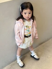 DAZY 女宝宝蝴蝶结刺绣连帽卫衣，休闲韩版长袖套头衫，秋冬 - 藕粉色 - 查看 3