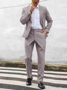 Manfinity Mode Conjunto de traje de hombre con blazer de cuello solapa y pantalones, de unicolor, de manga larga - Marrón - Ver 4