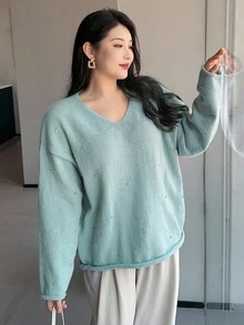Dazy Plus 水钻装饰纯色宽松 V 领套头毛衣，大码女式休闲春秋季 - 淺藍色 - 查看 8
