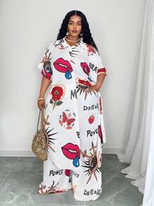 Slaydiva Plus Size Women Linen Printed Long Dress, Printed Linen Shirt, And Linen Pants Set - White - View 6