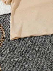 مجموعة قميص كاجوال قصير الأكمام بياقة دائرية وبنطال خصر مطاطي، لون أحادي، مريحة للفتيات، للربيع/الصيف، قطعتان - لون مشمشي - مشاهدة 6