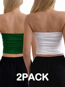 EURMUSE 2pcs Women's Minimalist Solid Color Ruched Fitted Tube Top, Summer - Multicolor - View 2