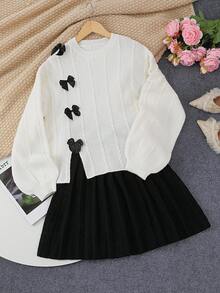 SHEIN Pulover vintage nou pentru adolescente, cu guler rotund, cu fundă, croit, asociat cu fustă mini, potrivit pentru acasă, ieșiri în oraș, petreceri, întoarcerea la școală - Bej - Vizualizare 3