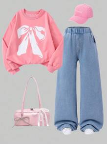 Sparklyn 2 件套青少年女孩休闲装 - 深粉色蝴蝶结印花运动衫 + 蓝色水洗牛仔裤，绣有蝴蝶结，可爱 - 西瓜粉 - 查看 3