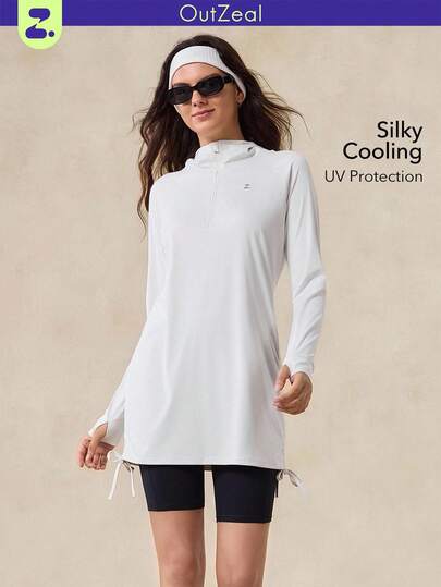 OutZeal Women White Sun-Proof Jacket Summer Daily Casual Long Sleeve Top UV Protection Cool Touch Silky Soft Hip Length With Side Drawstring
