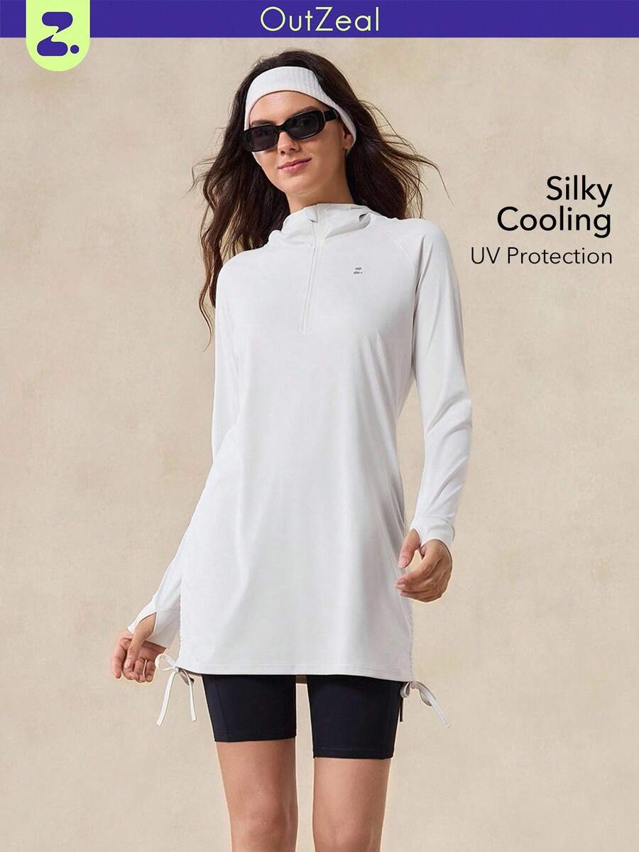 OutZeal 女士白色防晒外套 夏季日常休闲长袖上衣 防紫外线 凉爽触感丝滑柔软 及臀长度 侧边抽绳 - 白色 - 查看 1