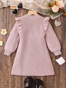 Emery Rose Kids Emery Rose Kids 年轻女孩纯色圆领荷叶边下摆休闲毛衣裙女秋冬装 - 粉色 - 查看 7
