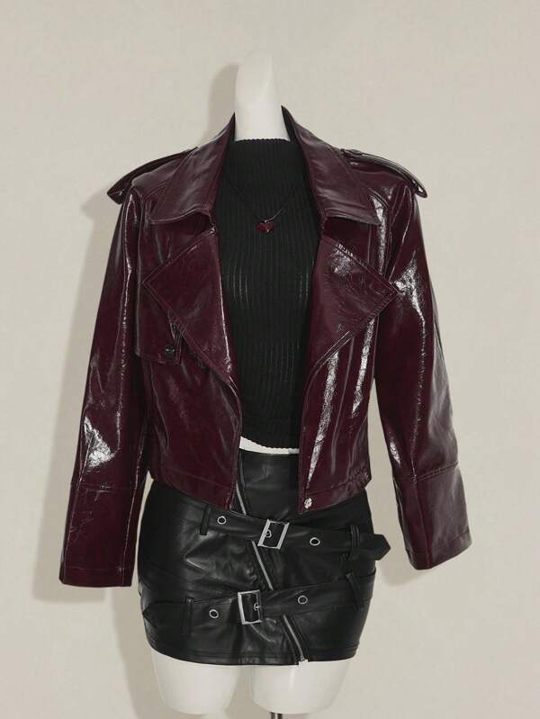 SHEIN ICON Veste en PU de moto à fermeture éclair de couleur unie à la mode pour femmes, vêtements d'automne pour femmes