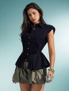 Denimoi Collared Sleeveless Button Down Denim Top, Denim On Denim, Fashionable - Dark Wash - View 4