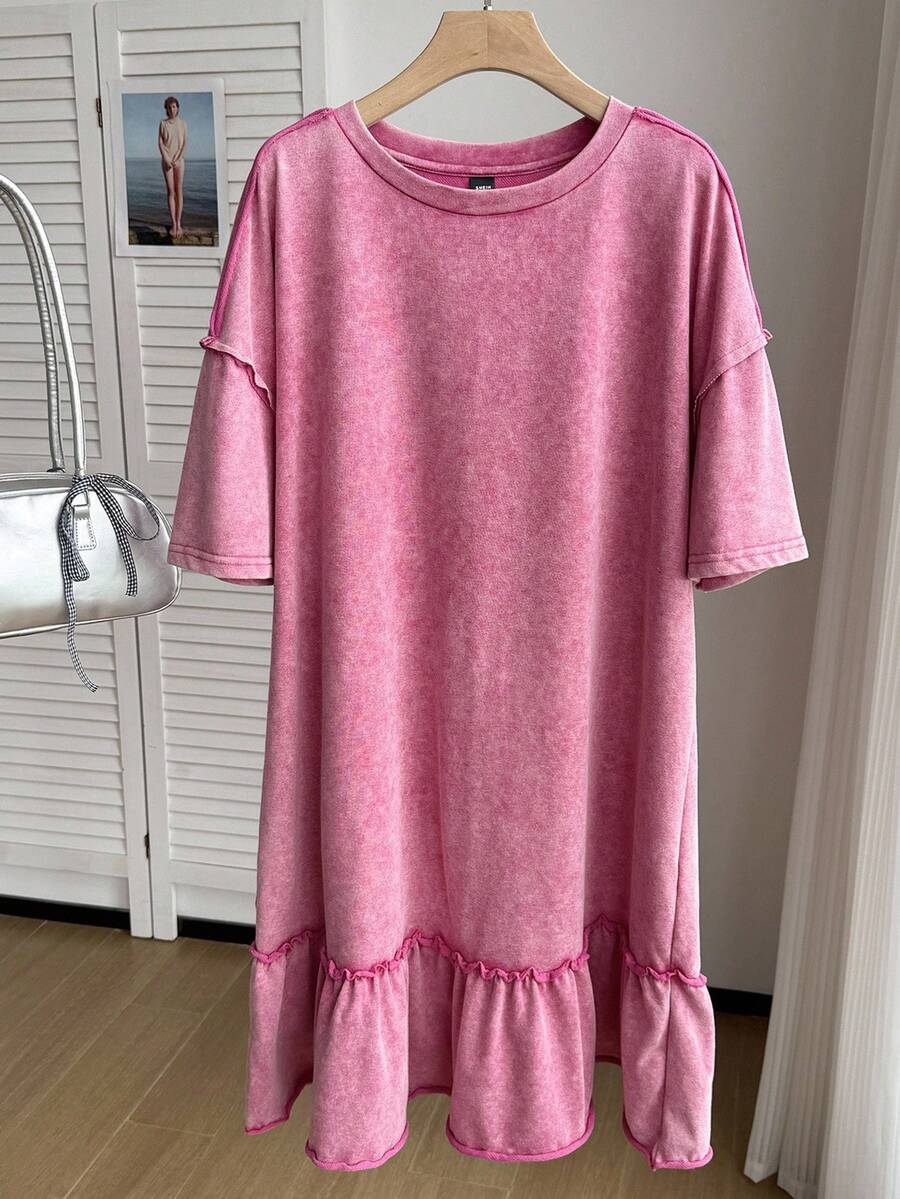 SHEIN Comfortcana Đầm thường ngày cổ tròn tay ngắn viền bèo nhún cỡ lớn mùa hè cho nữ - Màu Hồng Tươi - Xem 1