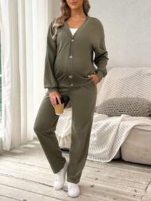 SHEIN 孕妇休闲针织开衫外套和抽绳裤套装 - 軍綠色 - 查看 4