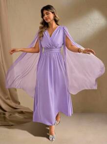 SHEIN LUNE 大码女式 V 领开叉雪纺长袖披肩袖优雅大摆连衣裙 - 紫色 - 查看 3