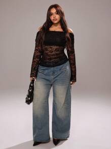 Rustia Áo cánh tay loe hở vai thanh lịch gợi cảm cỡ lớn dành cho nữ - màu đen - Xem 7