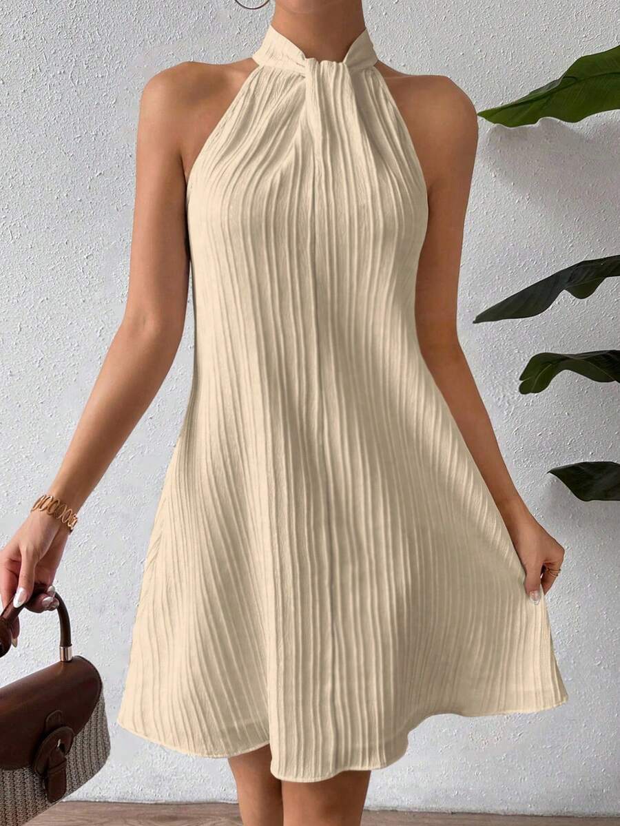 SHEIN Clasi Elegant Sleeveless Ribbed Fabric Women's Dress With Stand Collar