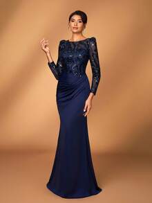 Serin Plus Size Elegant Navy Blue Winter Formal Evening Wedding Guest Dress,Sequin Embroidery Round Neck Long Sleeves Mermaid Hem Mother Of Bride Dress - Navy Blue - View 5