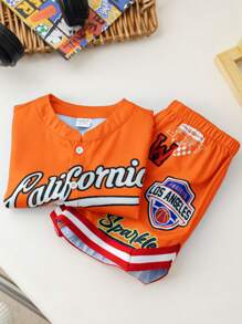 SHEIN 新生儿/婴儿男女通用字母图案撞色圆领短袖开衫和短裤休闲两件套运动服，柔软舒适，适合户外活动，夏季