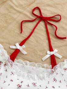 Soleia Women's Retro Red & White Ditsy Floral Lace Trim Splice Contrast Color Halter Jumpsuit With Cute Bow Decor, Ballerina Style Summer Top Summer Spring Valentine's Day Casual Vacation  Beach Wedding Birthday Going Out Elegant Casual Vacation Cute Romper Women Cotton Rompers For Women Women Summer Clothes Set Cherry Outfit Women Two Piece Set Women Short Sleeve - Multicolor - View 4