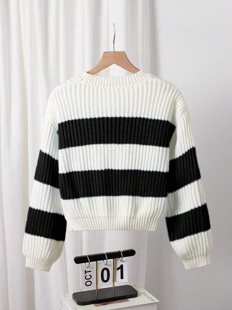 Sparklyn Tween Girls' Casual Striped Colorblock Loose Knit Sweater, Suitable For Autumn/Winter Teen Sweater Striped Sweater Girls Sweater Kids Sweater Youth Sweater Girl Sweater Crop Sweater Fall - Multicolor - View 2