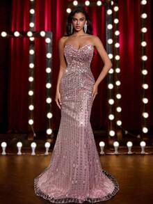 Glamrae Luxurious Beaded Bodice With Ruched Bust, Waist Handcrafted Embellishment, Adjustable Lace-Up Back, Mermaid Silhouette Formal Evening Gown (Heavy Embellished) - Dusty Pink - View 6