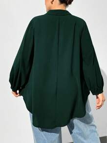 SHEIN Essnce 大码女式秋冬休闲宽松舒适 V 领黑色长袖衬衫、秋季女装、女式衬衫、曲线上衣、老款、黑色上衣、商务休闲女装、女式办公室服装、女式服装、女式上衣、返校节、教师、工作上衣 - 墨綠色 - 查看 2