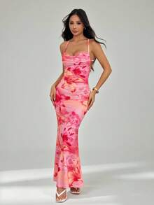 SHEIN PETITE Women's Plunging Neckline Backless Vacation Floral Print Dress Bodycon Maxi Dress Floral Maxi Dress Pink Maxi Dress Tight Maxi Dress Rose Print Maxi Dress,Party Dress