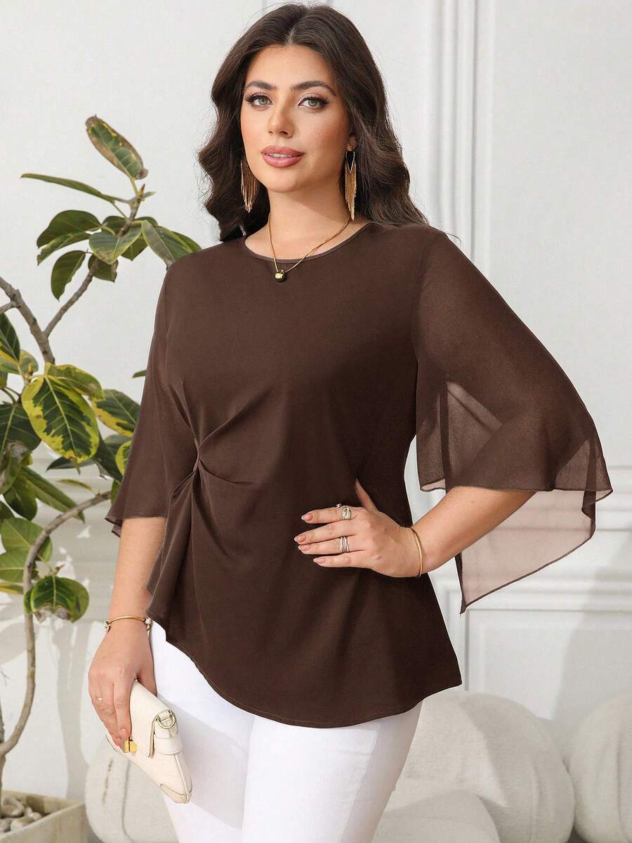 Reflora Plus Size Women's Solid Color Round Neck Mesh Flare Sleeve Ruched Waist Elegant Blouse/Fall/Winter - Coffee Brown - View 1