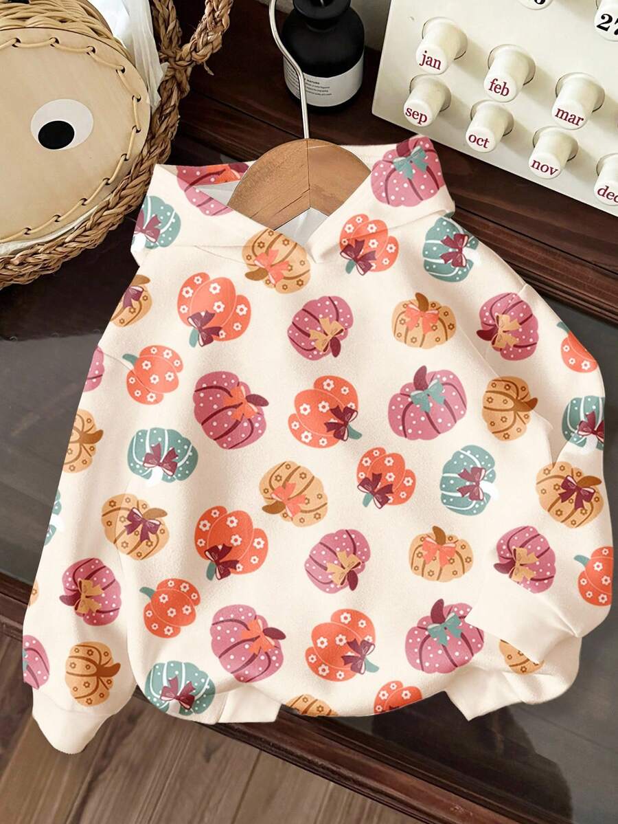 SHEIN 女婴 Happikins 杏仁色卫衣，饰有可爱的万圣节彩色蝴蝶结、小南瓜和花朵图案，休闲宽松舒适柔软，适合秋冬季节穿着，舒适百搭，适合秋季叠穿，时尚可爱，休闲百搭，印花图案，充满秋日气息，适合外出、野餐、居家、农场、万圣节、感恩节等场合。 - 彩色 - 查看 1