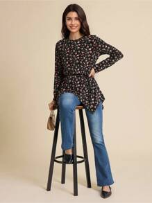 SHEIN LUNE Women's Floral Allover Print Round Neck Long Sleeve Casual T-Shirt Going Out Tops Women Spring Clothes - Black - View 7
