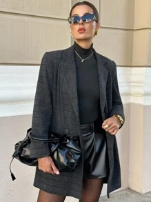 Lavishia 灰色格子羊毛翻领长袖大衣，时尚百搭，适合秋冬季日常通勤、办公室工作穿着。 - 灰色 - 查看 3
