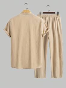 EGENSIO 男士立领短袖口袋衬衫和裤子套装两件套衬衫套装，舒适服装 - 卡其色 - 查看 6