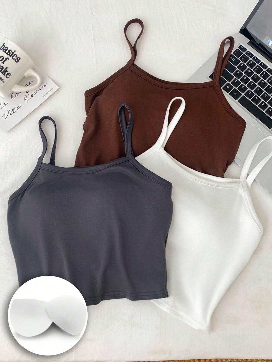 SHEIN 青少年款三件套合身吊带背心，黑白灰三色可选，百搭休闲的叠穿基础款 - 彩色 - 查看 1