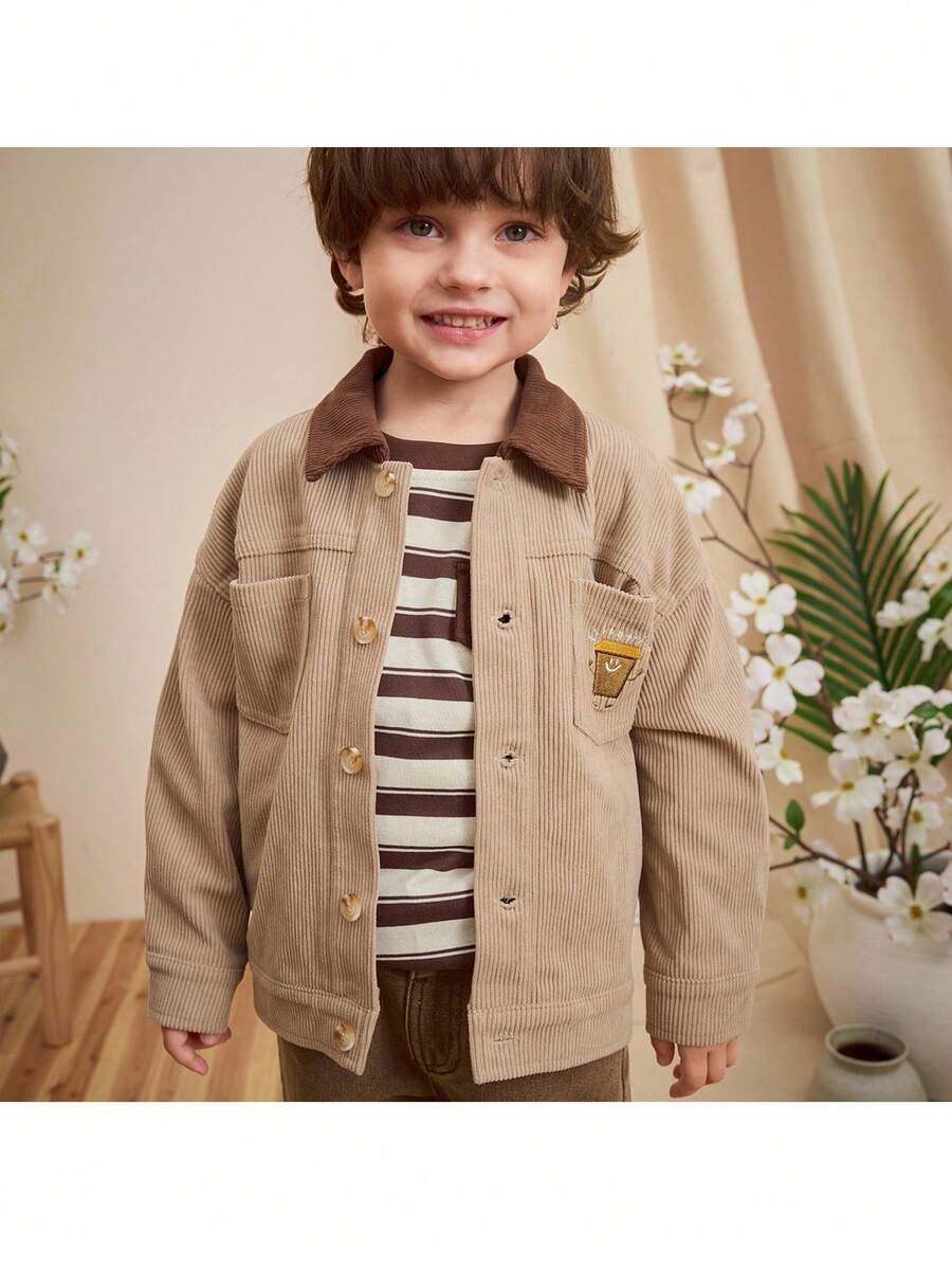 Loomiva 1pc Young Boys' Casual, Comfortable, Fashionable, Practical, Cute, Soft, Thick Corduroy Fabric Long Jacket, Suitable For Daily Wear, School, Outings, Sports, Autumn/Winter