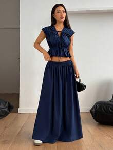 SHEIN PETITE Women's Solid Color Tie Front Ruffle Hem Top And Skirt 2 Pieces Set ,Petite Women - Navy Blue - View 4