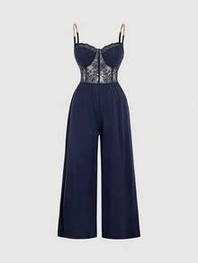 SHEIN MOD 黑色金属链带蕾丝拼接紧身胸衣加大码女式连体裤 - 藏蓝色 - 查看 1