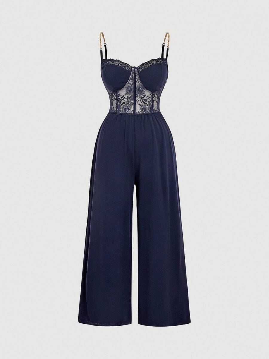 SHEIN MOD 黑色金属链带蕾丝拼接紧身胸衣加大码女式连体裤 - 藏蓝色 - 查看 1
