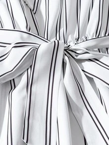 Franclia Elegant Striped Bowknot Collar Long Sleeve Waist Cinched Dress - White - View 4