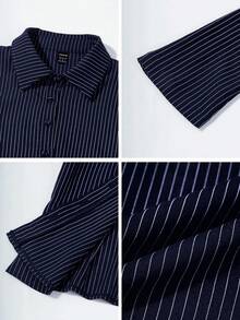 Almamuse 女式线条印花简约休闲长袖衬衫 - 寶藍色 - 查看 8