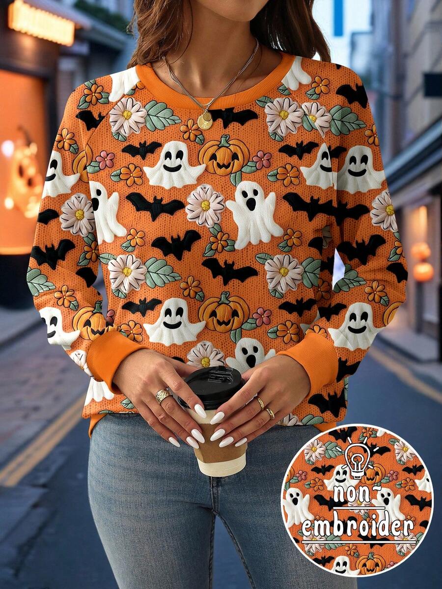 EMERY ROSE Orange Ghost, Pumpkin, Bat Graphic Print Halloween Raglan Long Sleeve Plus Size Sweatshirt Fall Cloth For Women Winter Autumn - Multicolor - View 1