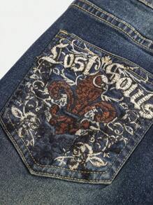 SHEIN Girlism Quần jeans ống loe dáng suông, túi, phong cách Y2K Grunge Punk Retro cho bé gái, thích hợp mặc đi học, dự tiệc mùa thu đông, thời trang đường phố vintage, quần jeans ống rộng, quần jeans thêu, quần jeans ống loe thêu. - Rửa tối - Xem 3