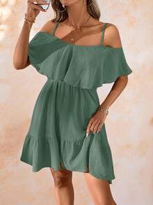 Amorya Vestido Camisole Elegante e Romântico Feminino de Tecido de Chiffon Texturizado Verde Sólido com Ombros à Mostra e Bainha Franzida, Primavera/Verão Férias
