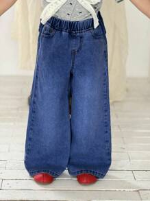 SHEIN 少女可爱蝴蝶结装饰牛仔休闲阔腿裤，春夏休闲度假乡村波西米亚风穿搭，海滩风、西部街头风，春假、锐舞音乐节牛仔裤，少女度假必备，蝴蝶结牛仔裤，秋冬阔腿牛仔裤 - 深色水洗藍 - 查看 5